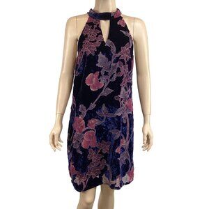 Skies Are Blue Velvet Floral Halter Dress Size Medium‎ Shift Keyhole